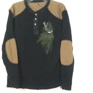 Vintage Whitetail Deer Buck Graphic Black Cotton Thermal Patch Sleeve Mens Shirt